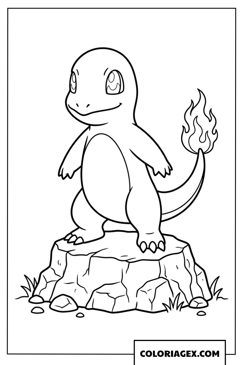 Coloriage du Pokemon Salamèche debout sur un rocher