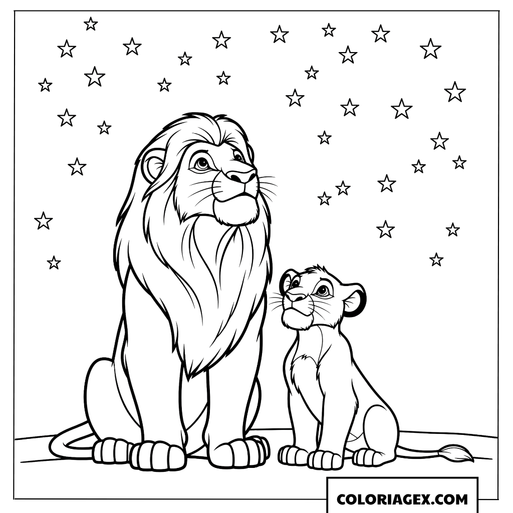 Coloriage du Roi Lion Mufasa et Simba sous un ciel etoile