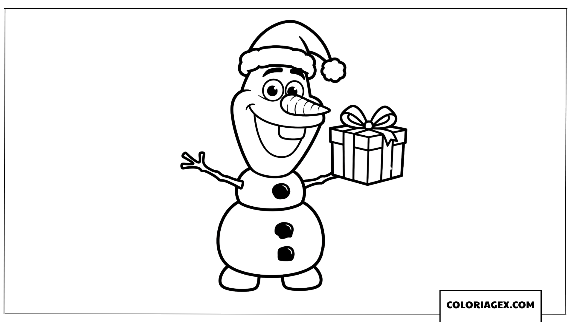 Coloriage du bonhomme de neige Olaf avec son bonnet et son cadeau de Noel
