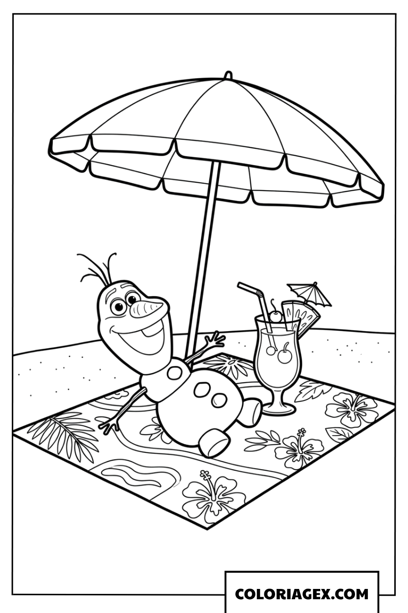 Coloriage du bonhomme de neige Olaf se relaxant a la plage en ete
