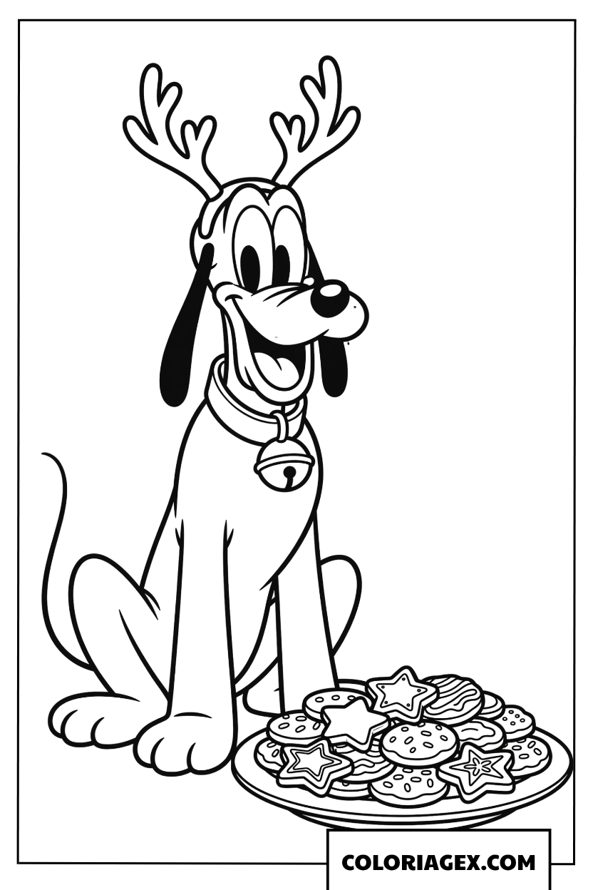 Coloriage du chien Pluto de Noel avec une assiette de biscuits