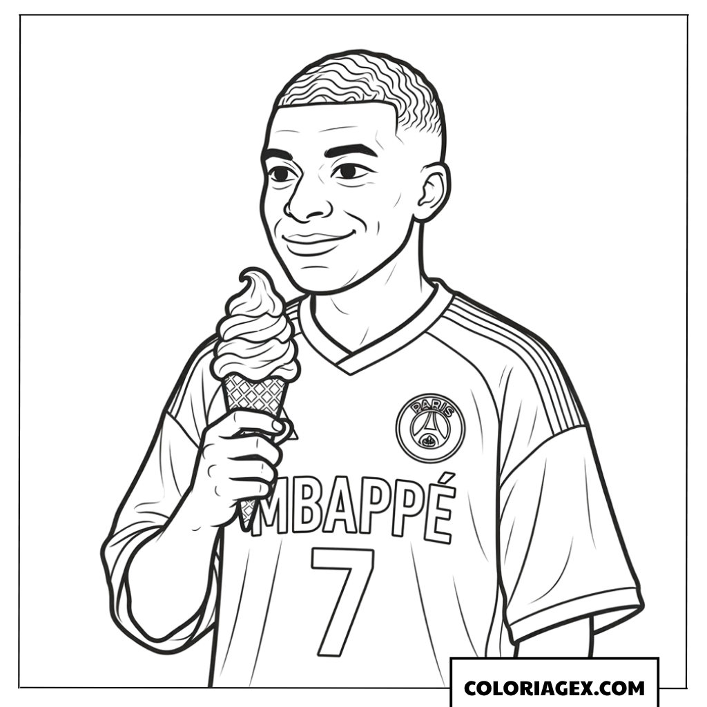 Coloriage du joueur Kylian Mbappe mangeant une glace mignonne