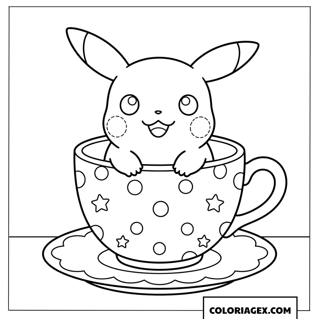Coloriage du mignon Pikachu assis dans une tasse de thé