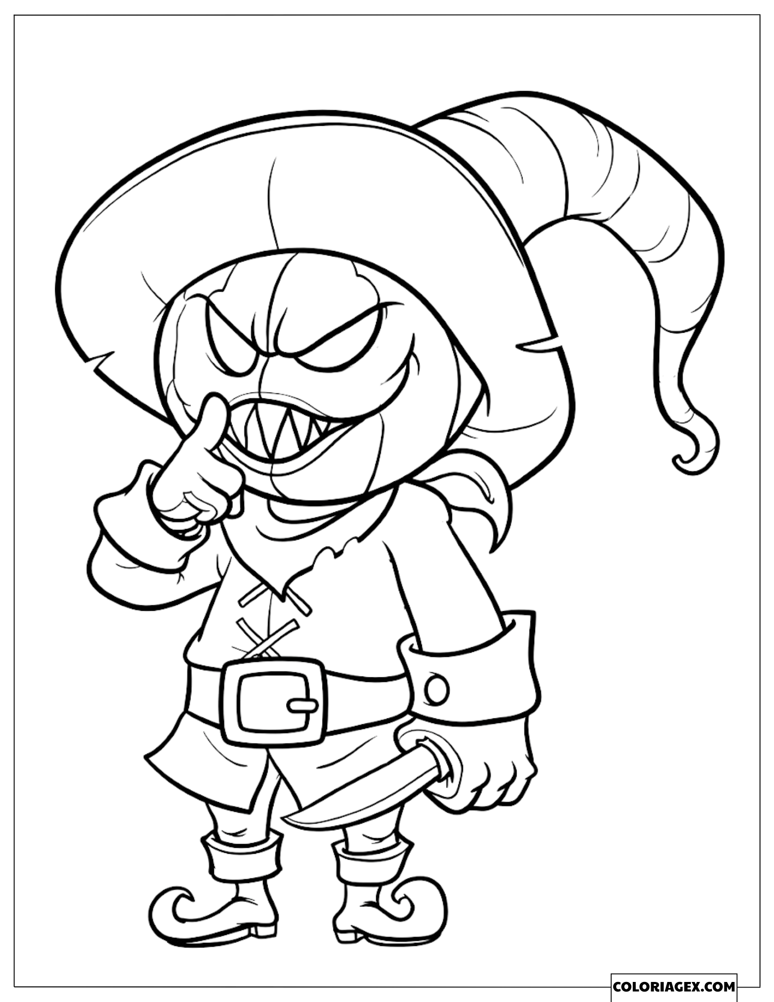Coloriage d'un Épouvantail à tête de citrouille tenant un couteau