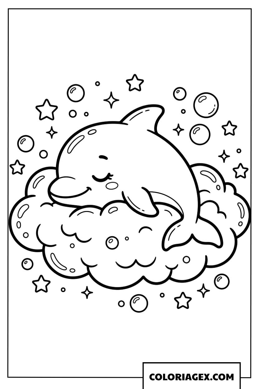 Coloriage d'un adorable dauphin endormi sur un nuage