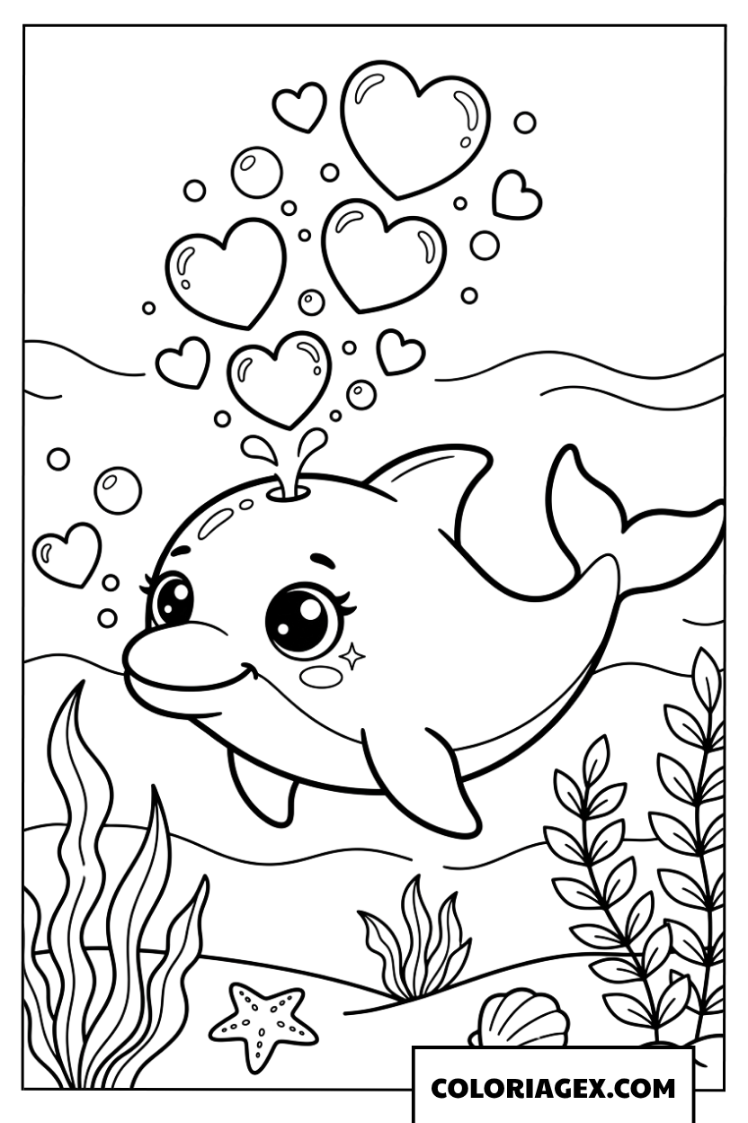 Coloriage d'un bebe dauphin soufflant des bulles en forme de coeur