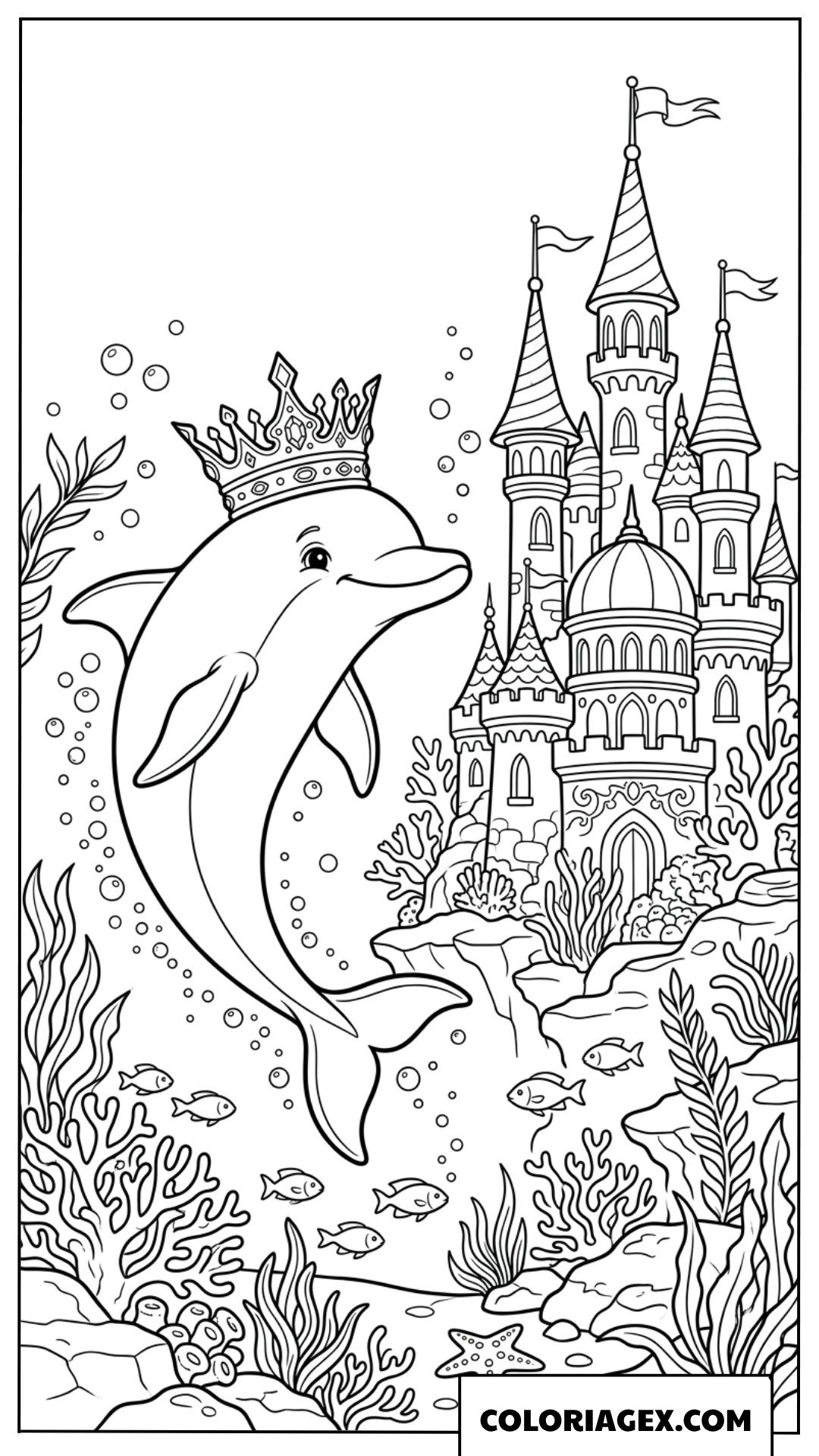 Coloriage d'un dauphin a couronne nageant pres d'un chateau