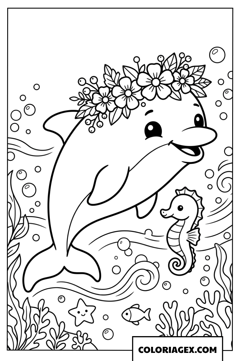 Coloriage d'un dauphin chibi avec une couronne de fleurs et un hippocampe