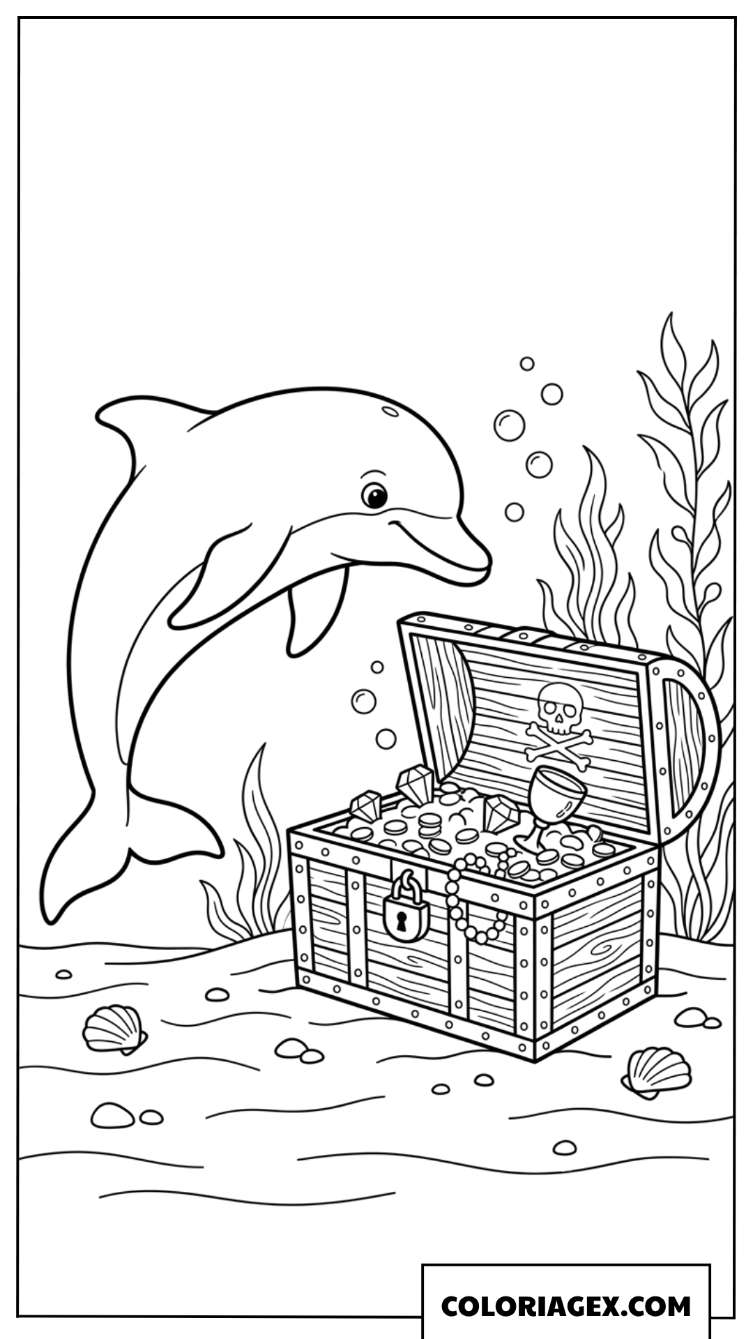 Coloriage d'un dauphin decouvrant un tresor de pirates