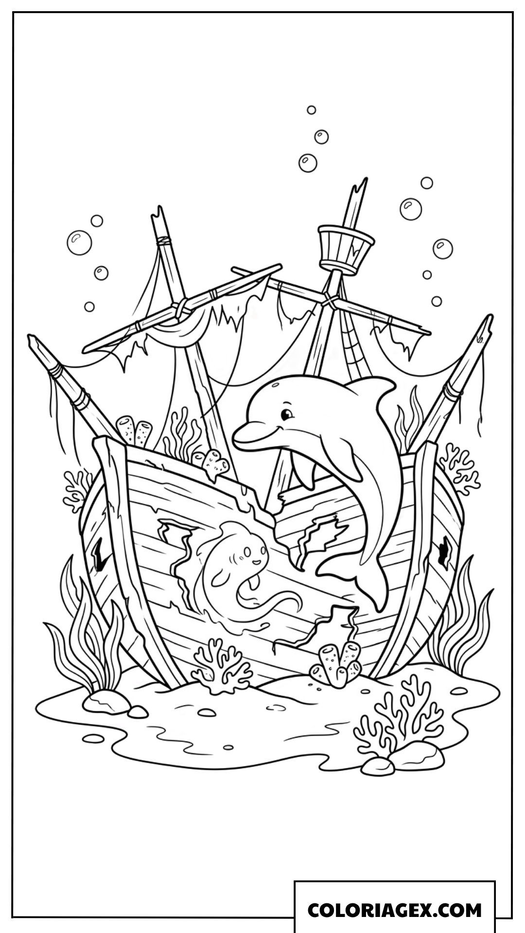 Coloriage d'un dauphin explorant une epave ancienne
