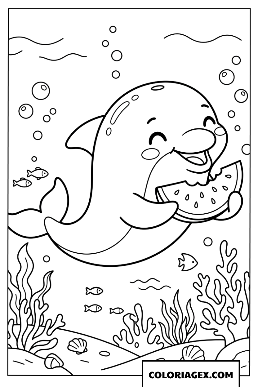 Coloriage d'un dauphin joyeux mangeant de la pasteque sous la mer
