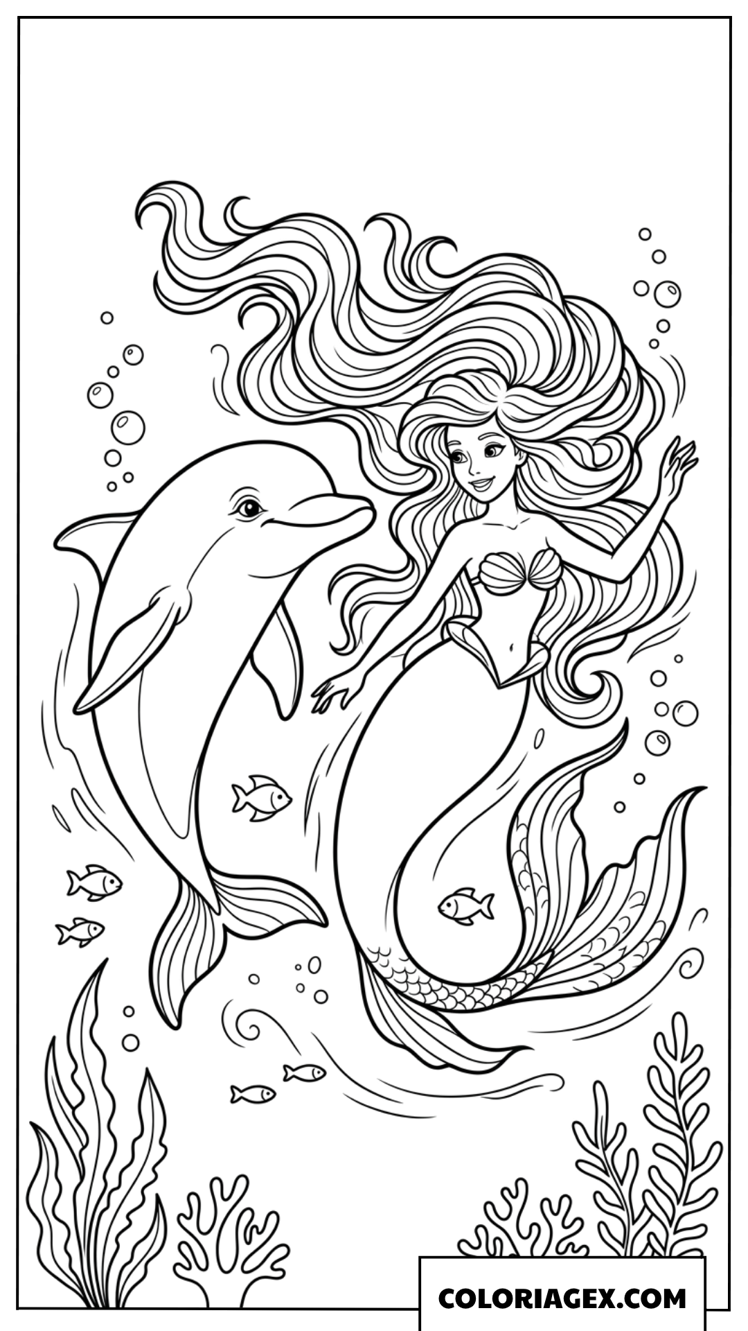 Coloriage d'un dauphin nageant avec une sirene
