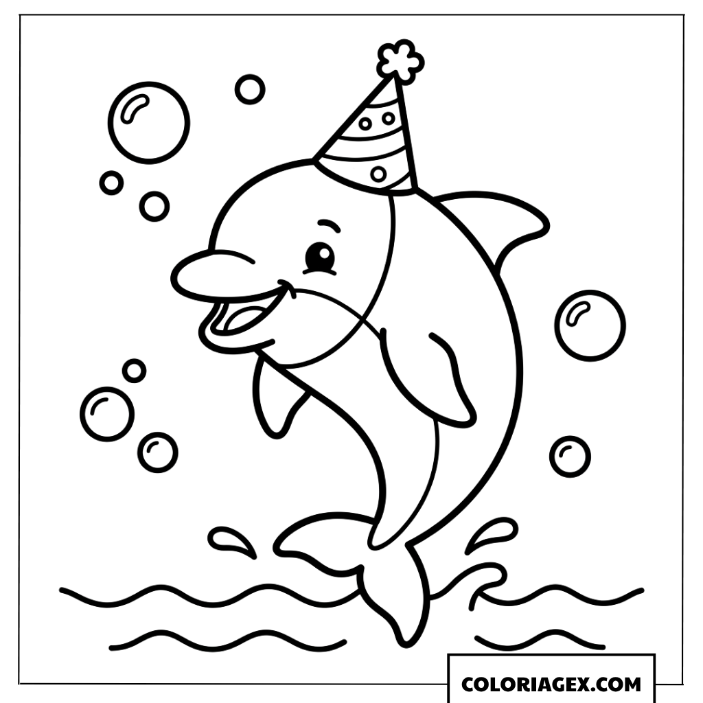 Coloriage d'un dauphin portant un chapeau d'anniversaire amusant