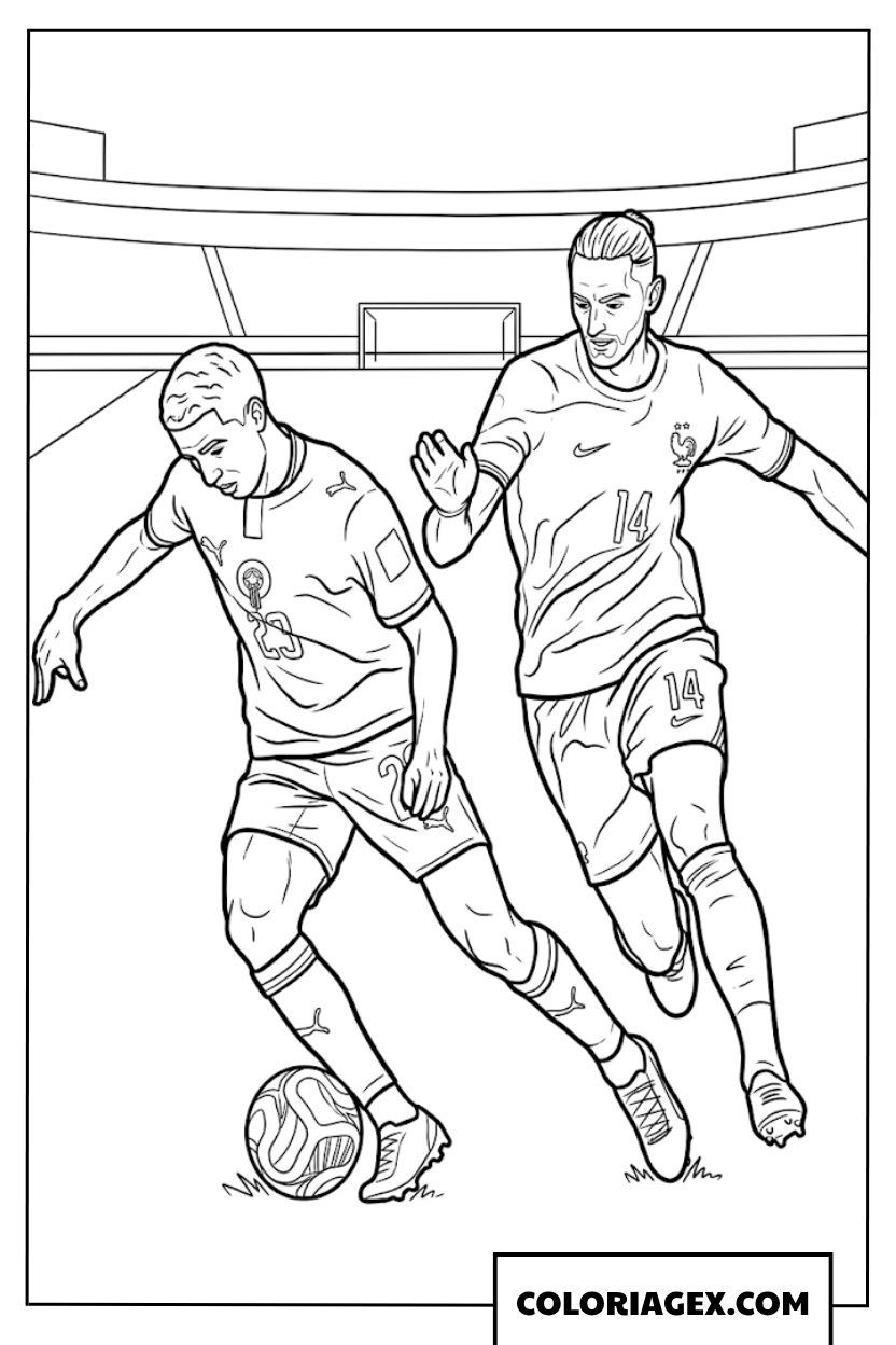 Coloriage d'un duel pour le ballon entre deux joueurs