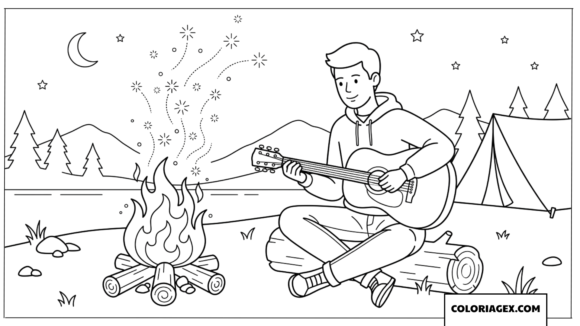 Coloriage d'un garçon jouant de la guitare au coin du feu de camp