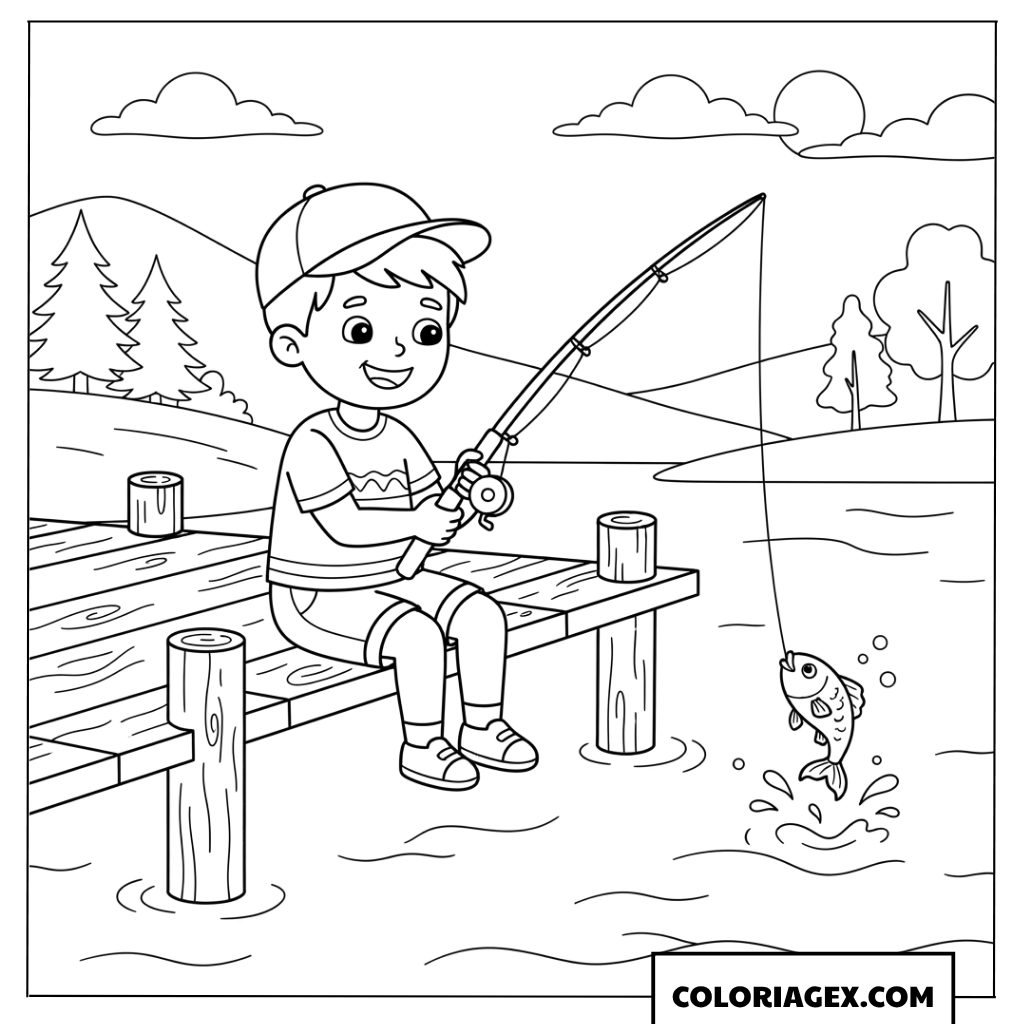 Coloriage d'un garçon joyeux attrapant un poisson sur un ponton en bois