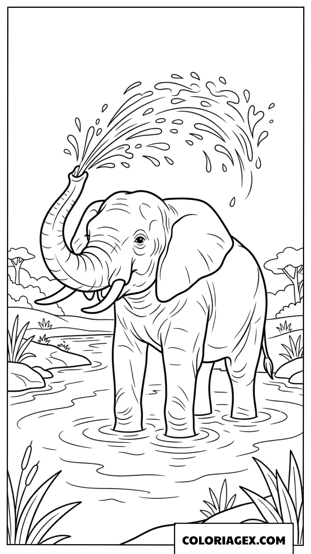 Coloriage d'un grand elephant arrosant de l'eau en riviere