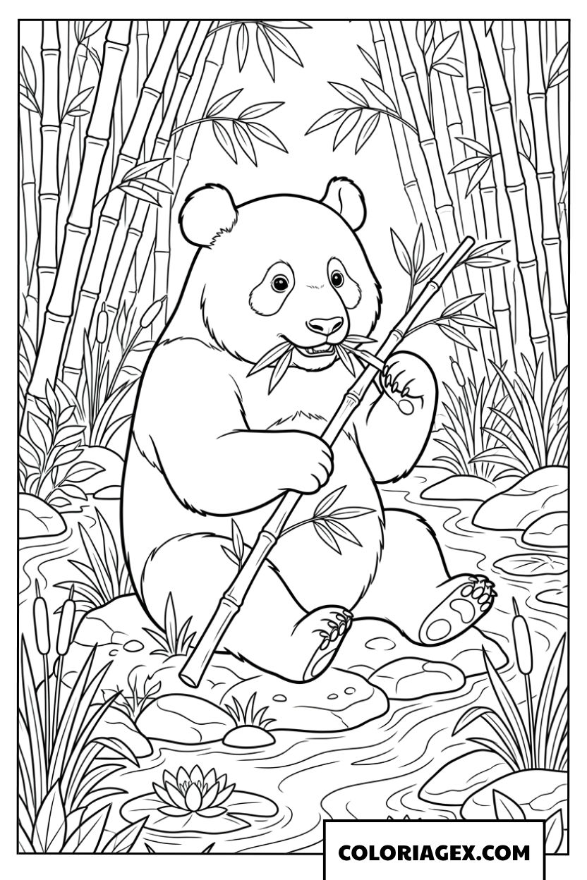 Coloriage dun panda assis au bord dune riviere forestiere