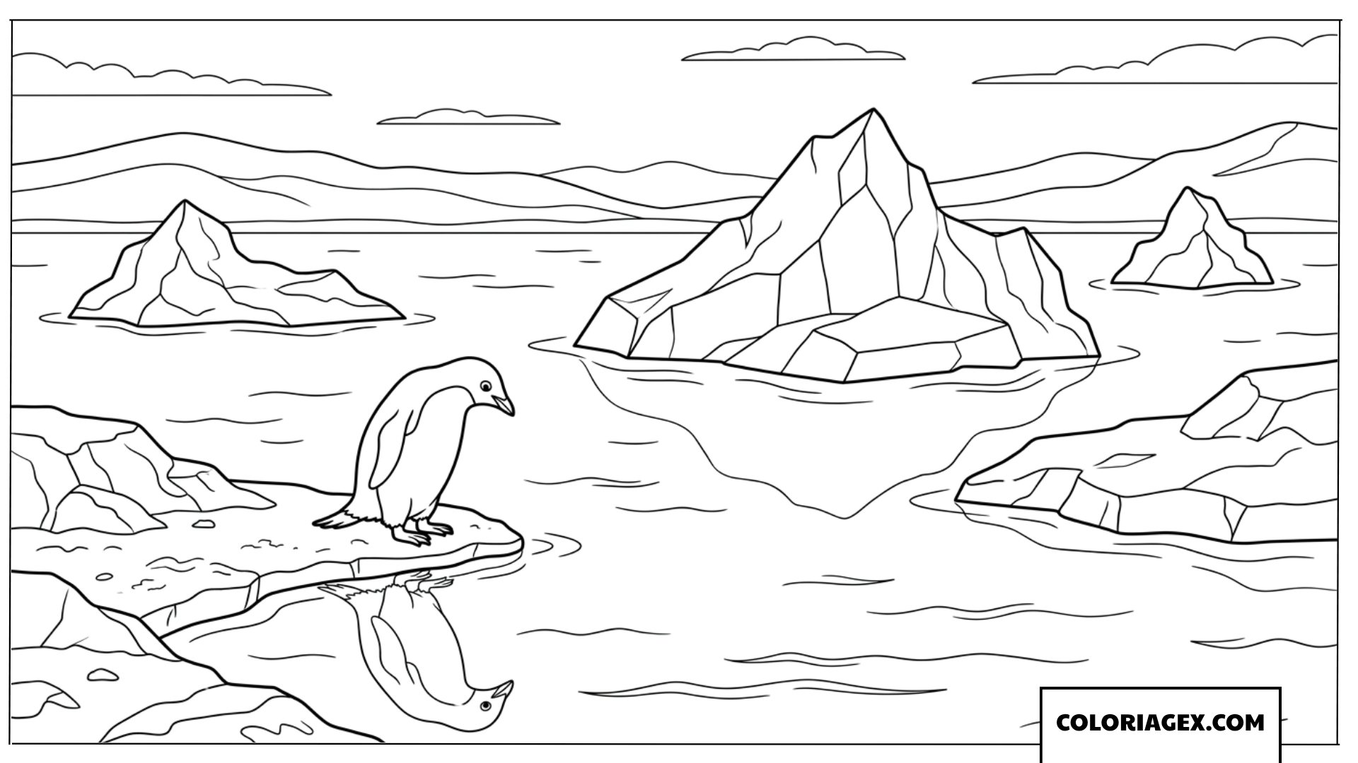 Coloriage dun pingouin observant son reflet sur leau