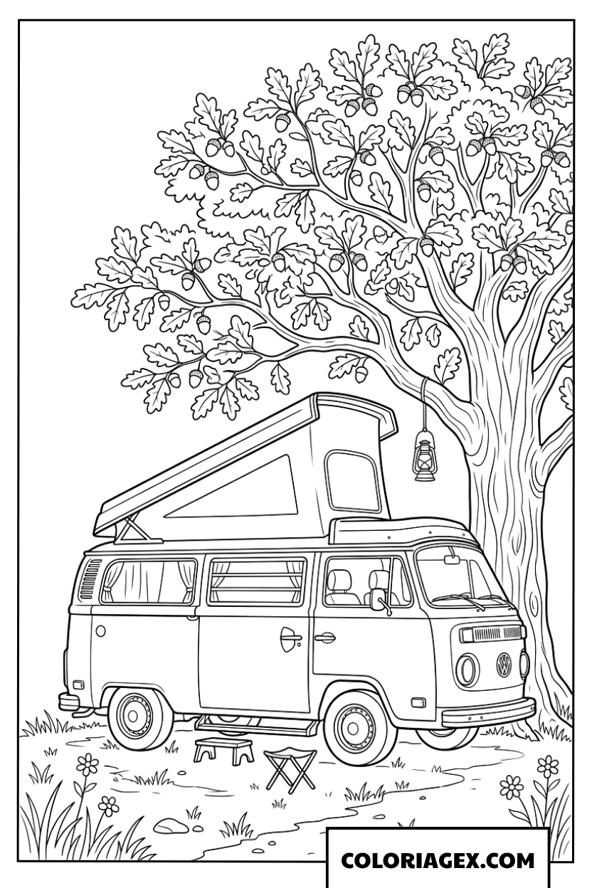 Coloriage d'un van aménagé garé sous un chêne