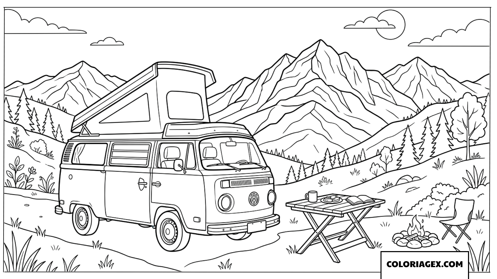 Coloriage dun van de camping vintage devant les montagnes
