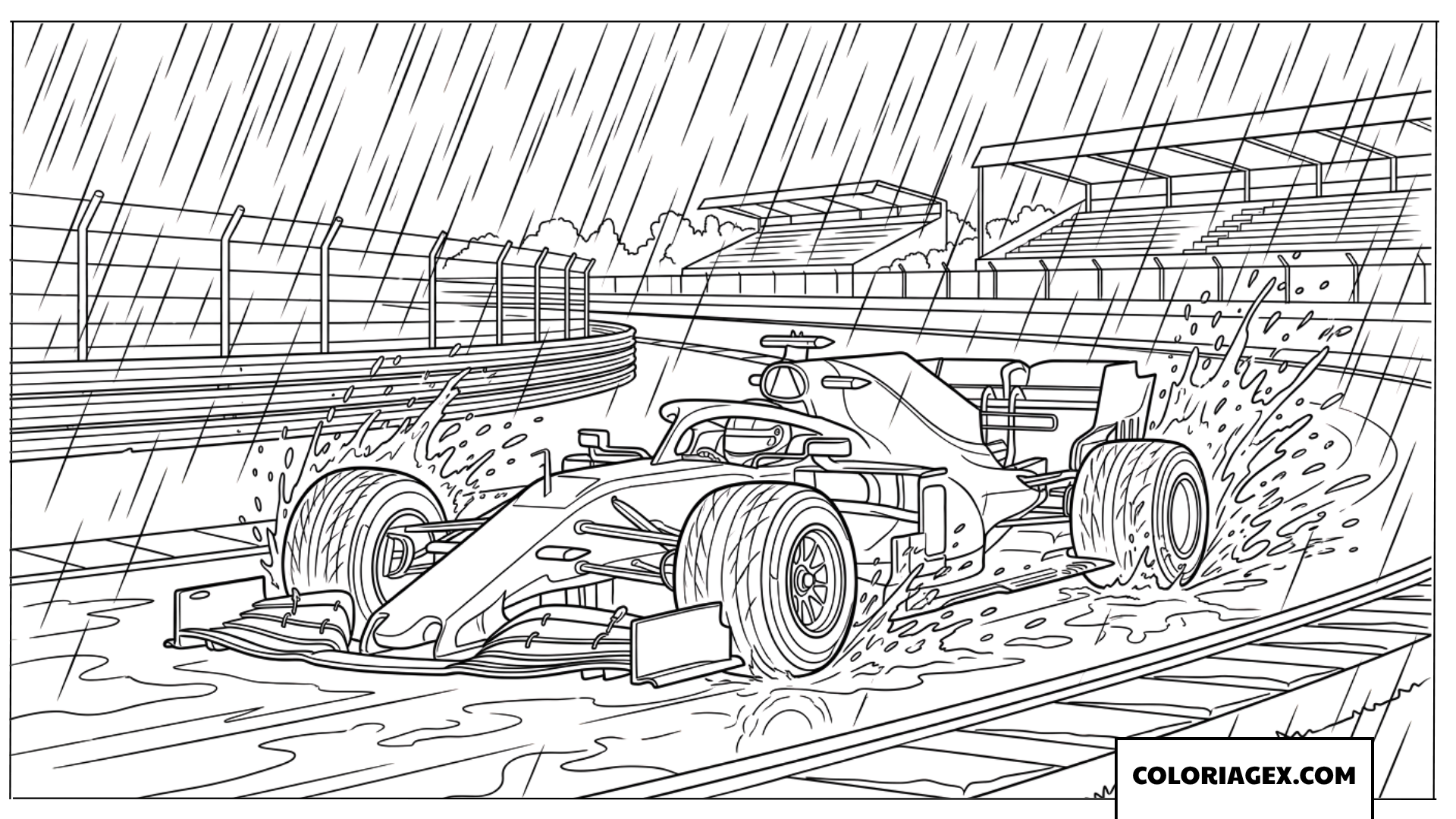 Coloriage dune Ferrari F1 roulant sous une pluie battante