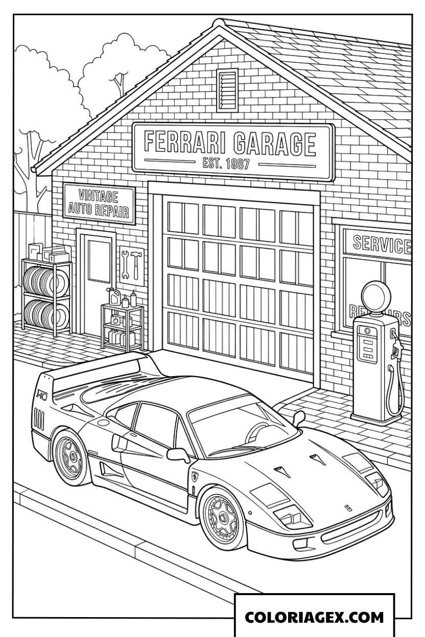 Coloriage dune Ferrari F40 devant un garage vintage