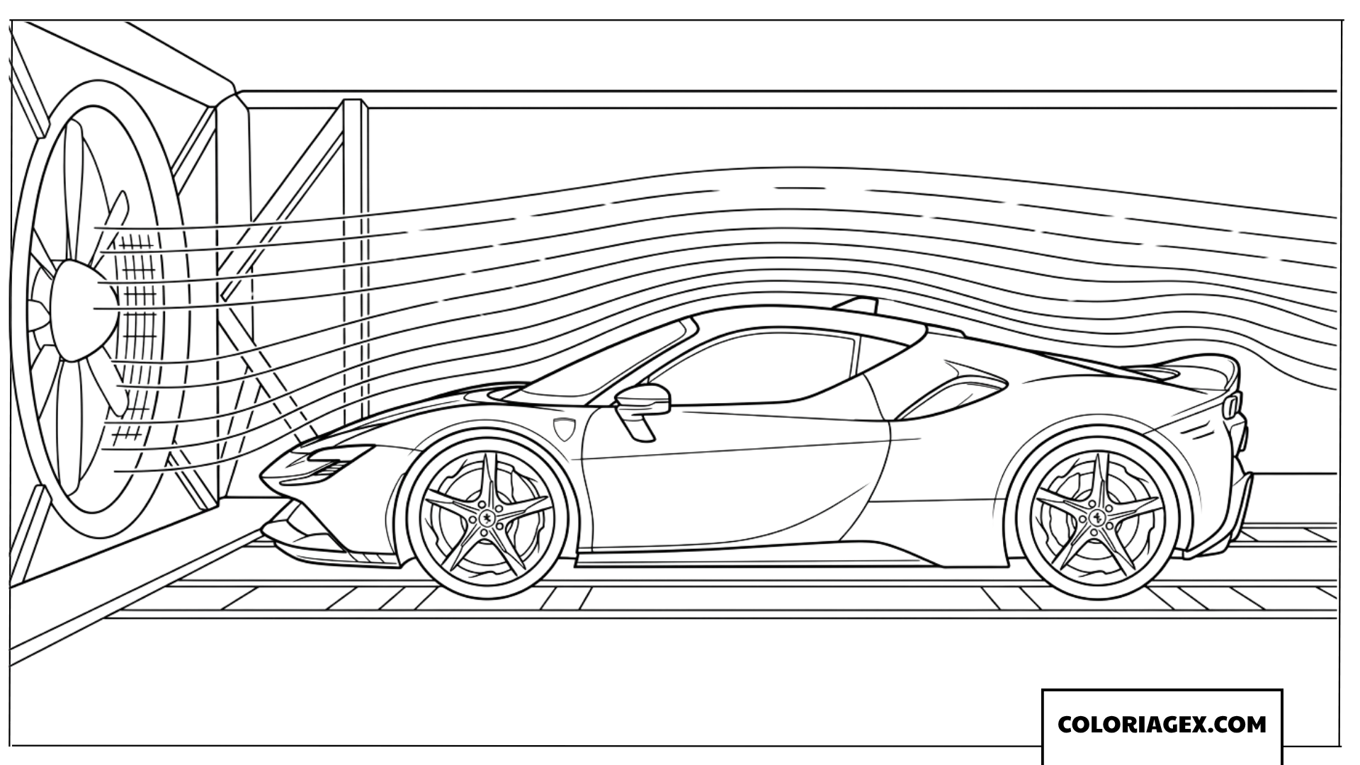 Coloriage dune Ferrari en phase de test dans une soufflerie