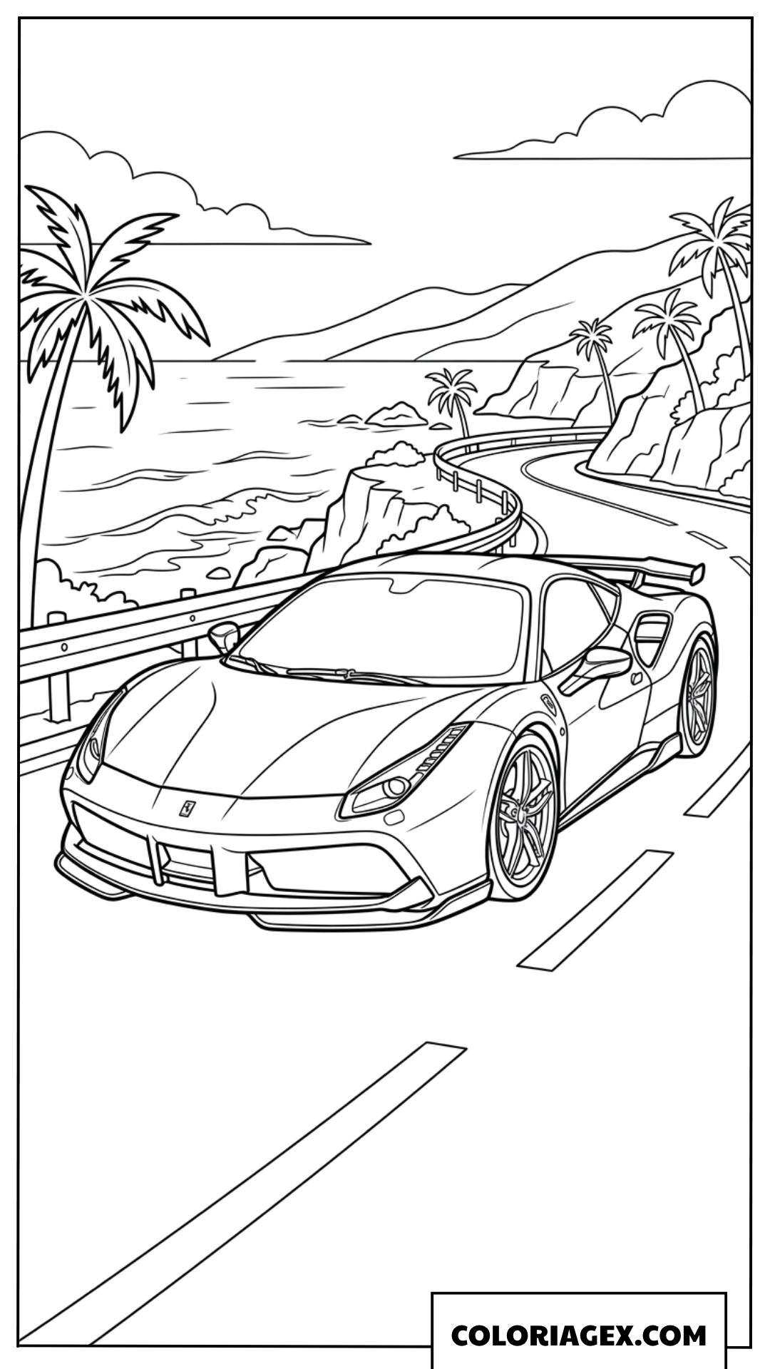 Coloriage dune Ferrari roulant sur une route de bord de mer