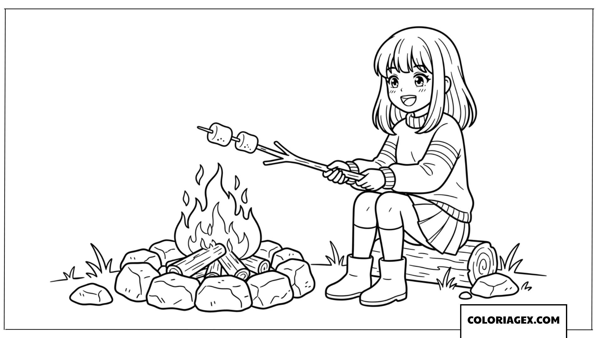 Coloriage d'une adorable petite fille faisant griller des bonbons au feu