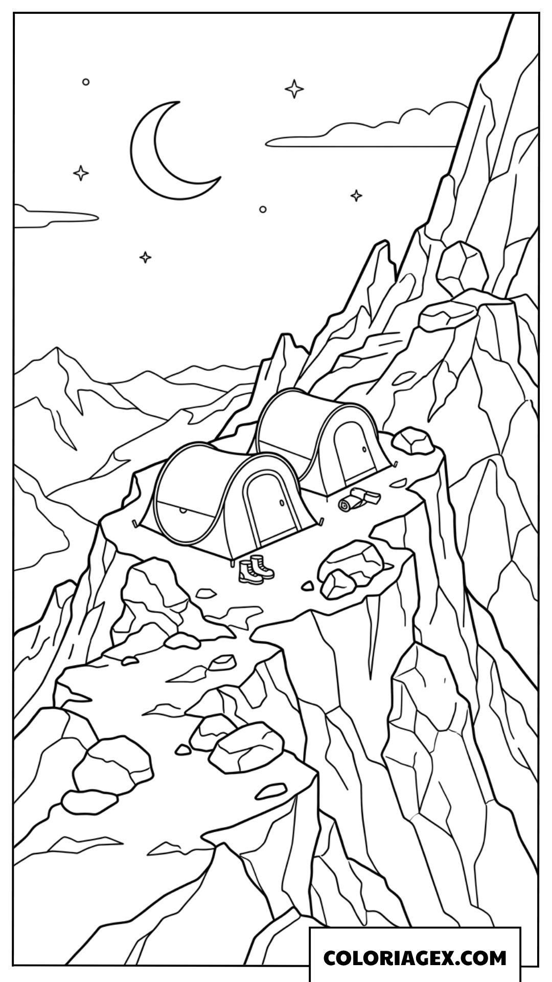 Coloriage d'une aventure de camping sur un sommet sous la lune