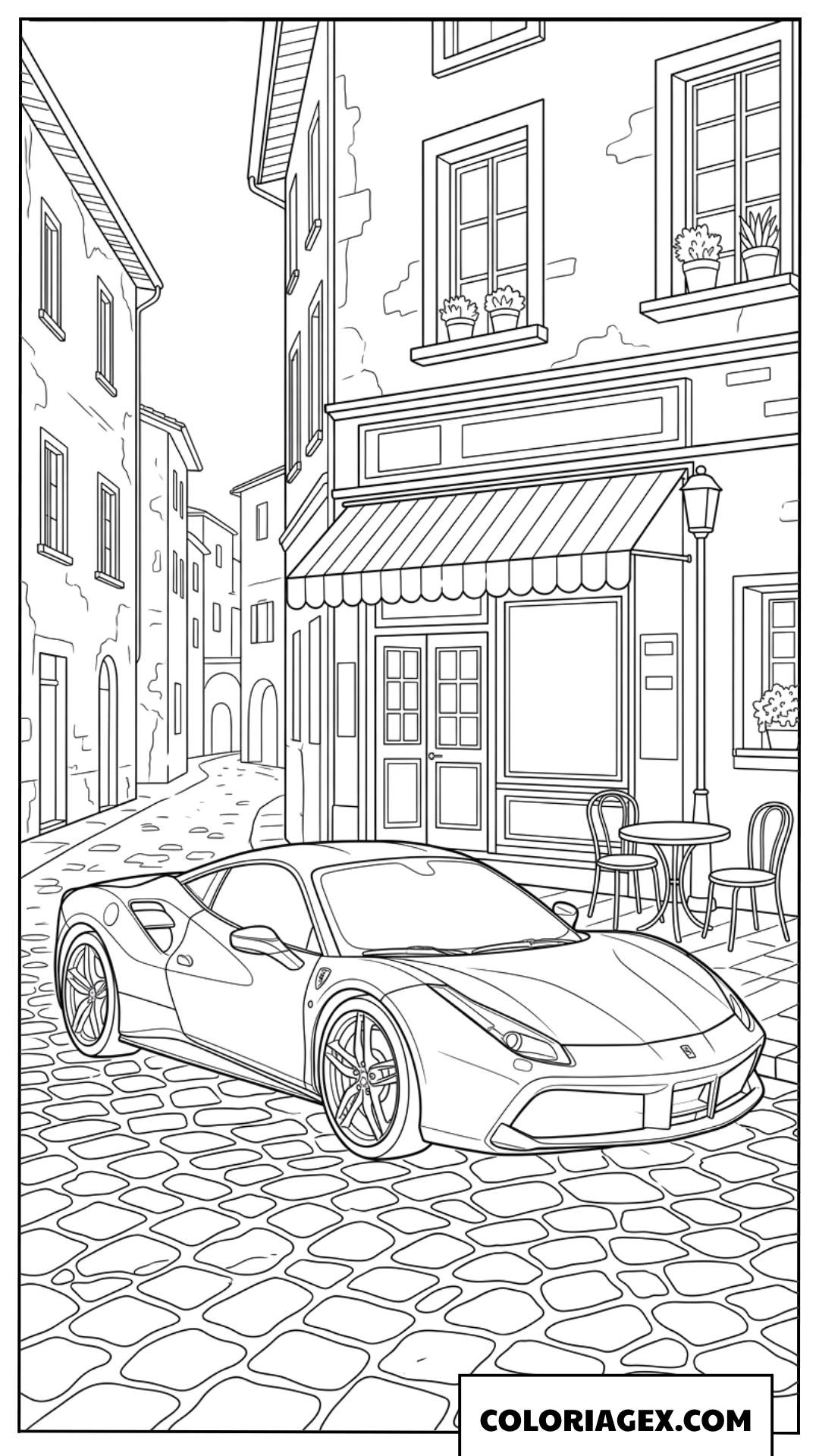 Coloriage dune elegante Ferrari garee dans une rue pittoresque