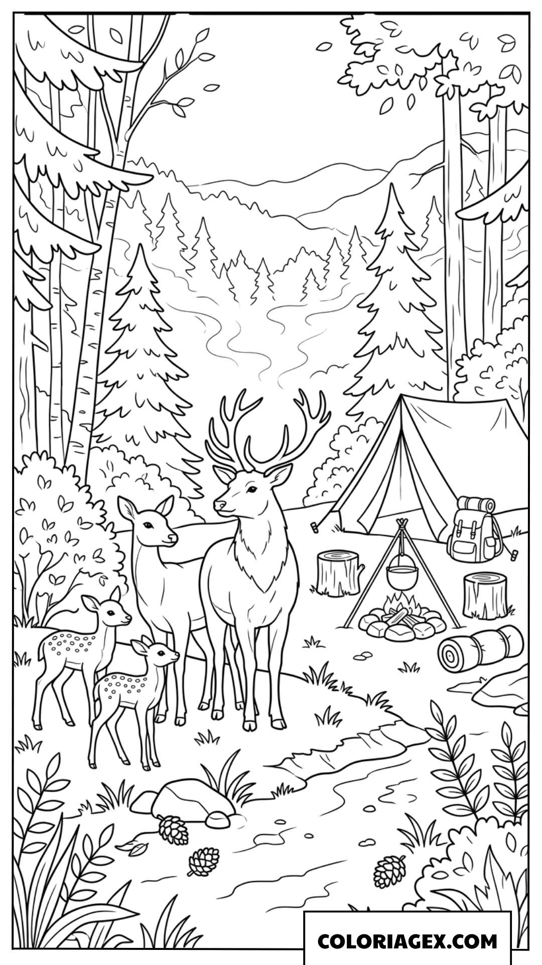 Coloriage d'une famille de cerfs paisible au camping matinal