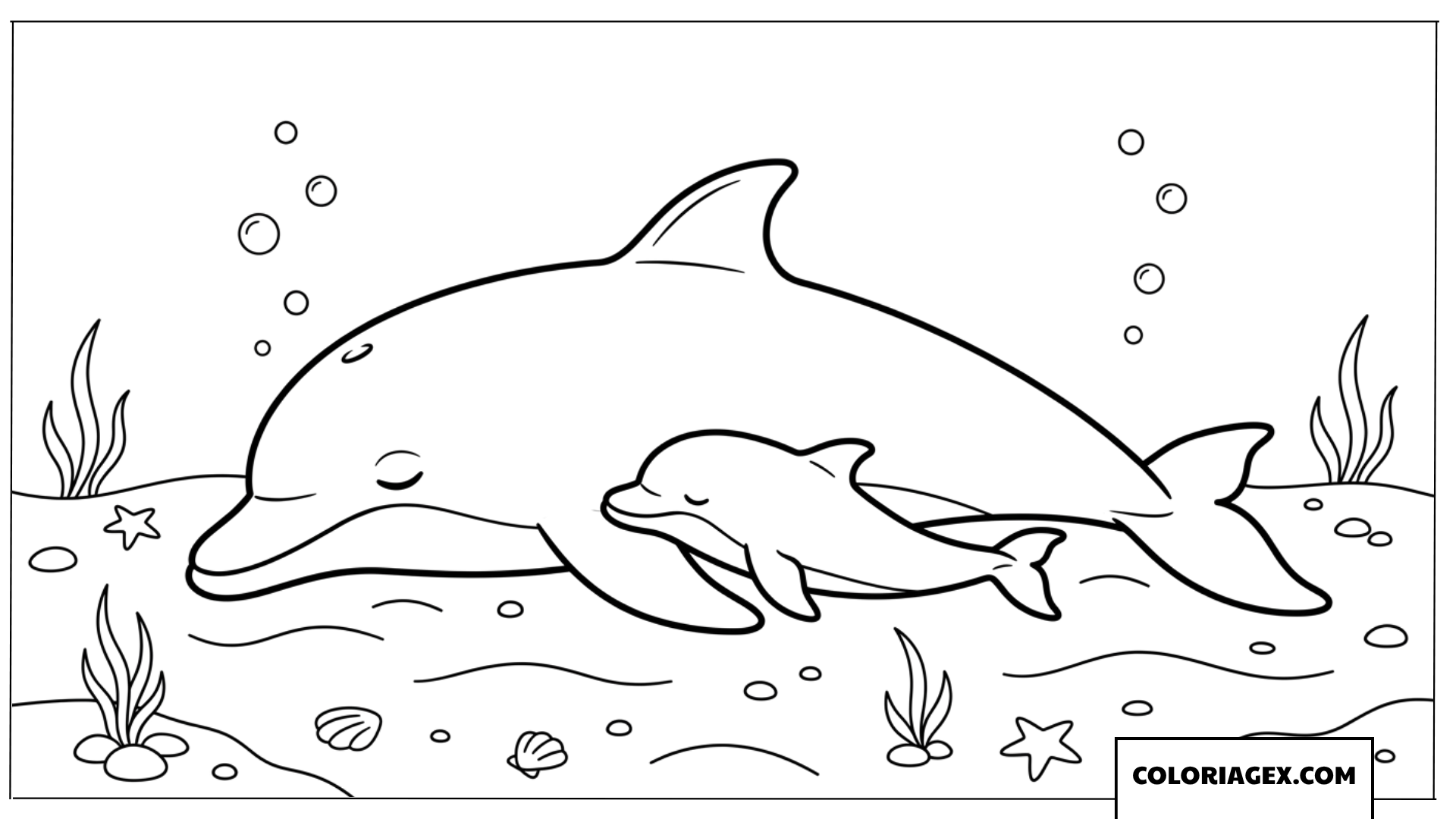 Coloriage d'une maman dauphin et son bebe se reposant au fond