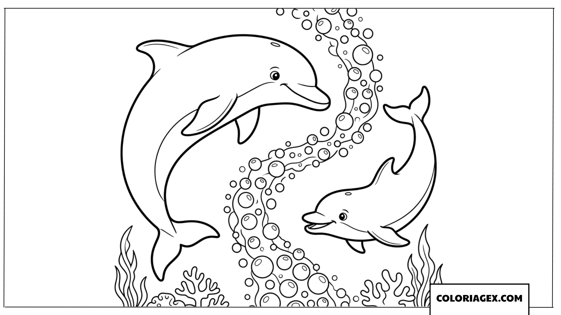 Coloriage d'une maman dauphin et son petit jouant avec des bulles