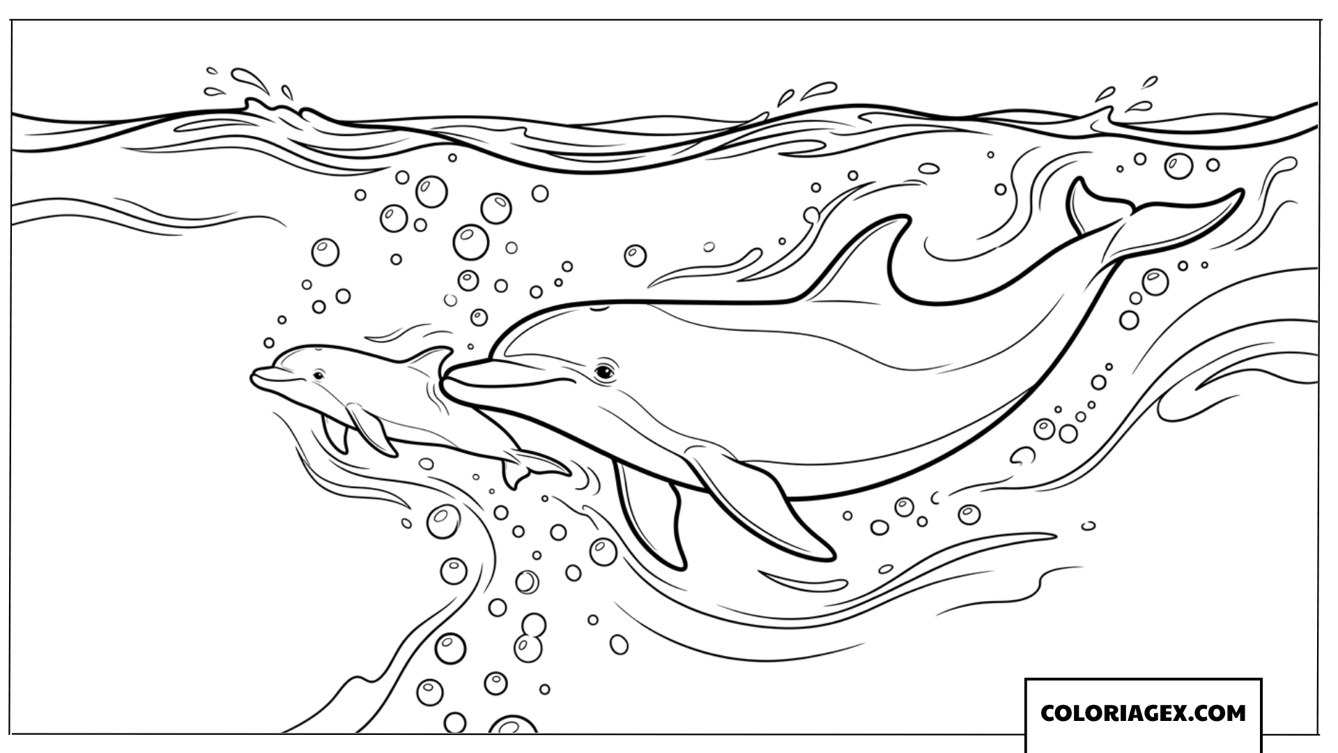 Coloriage d'une maman dauphin guidant tendrement son petit