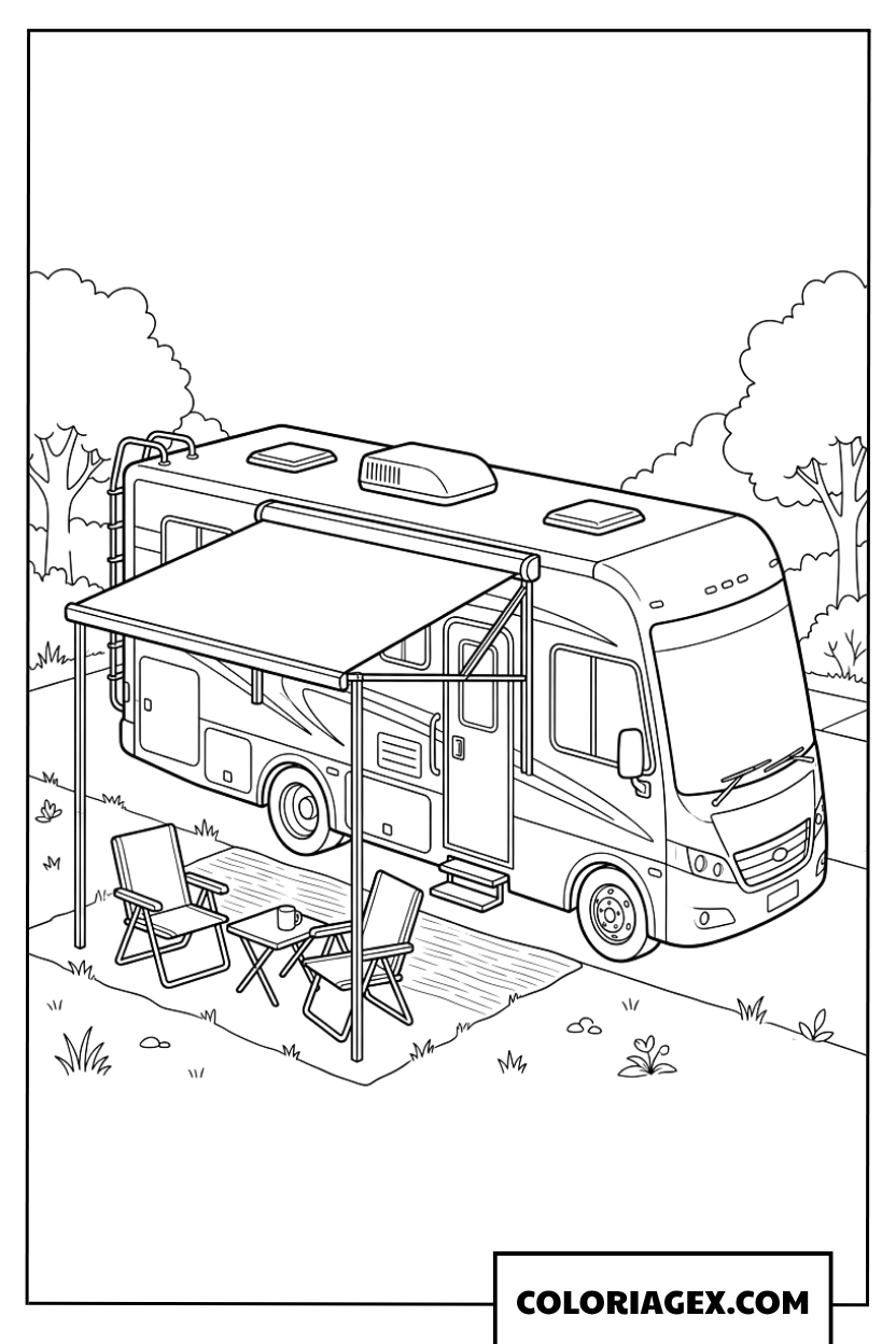 Coloriage d'une scène de camping luxueuse avec un camping-car