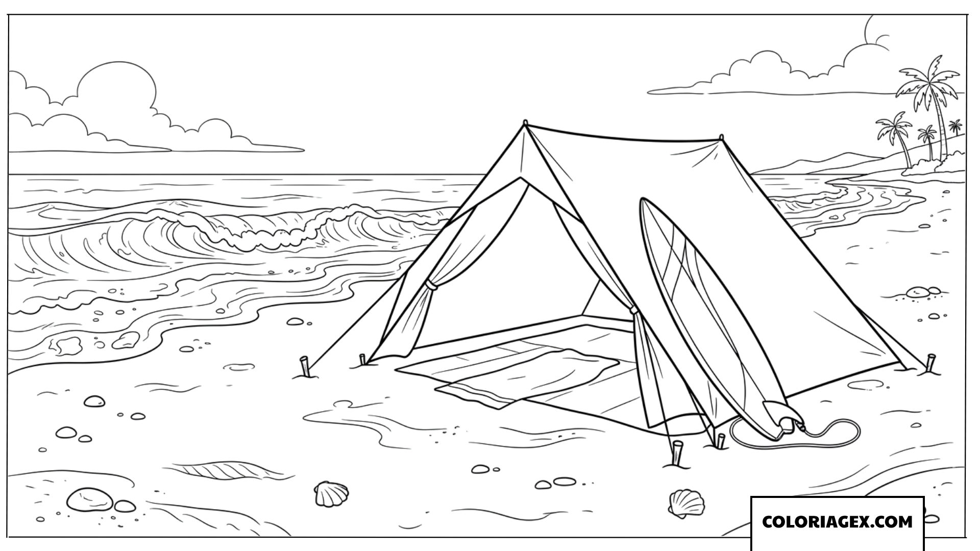 Coloriage d'une scène de camping romantique au bord de la mer avec surf