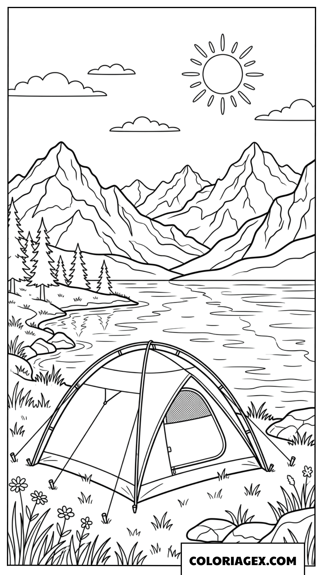 Coloriage d'une scène de camping romantique au bord d'un lac en montagne