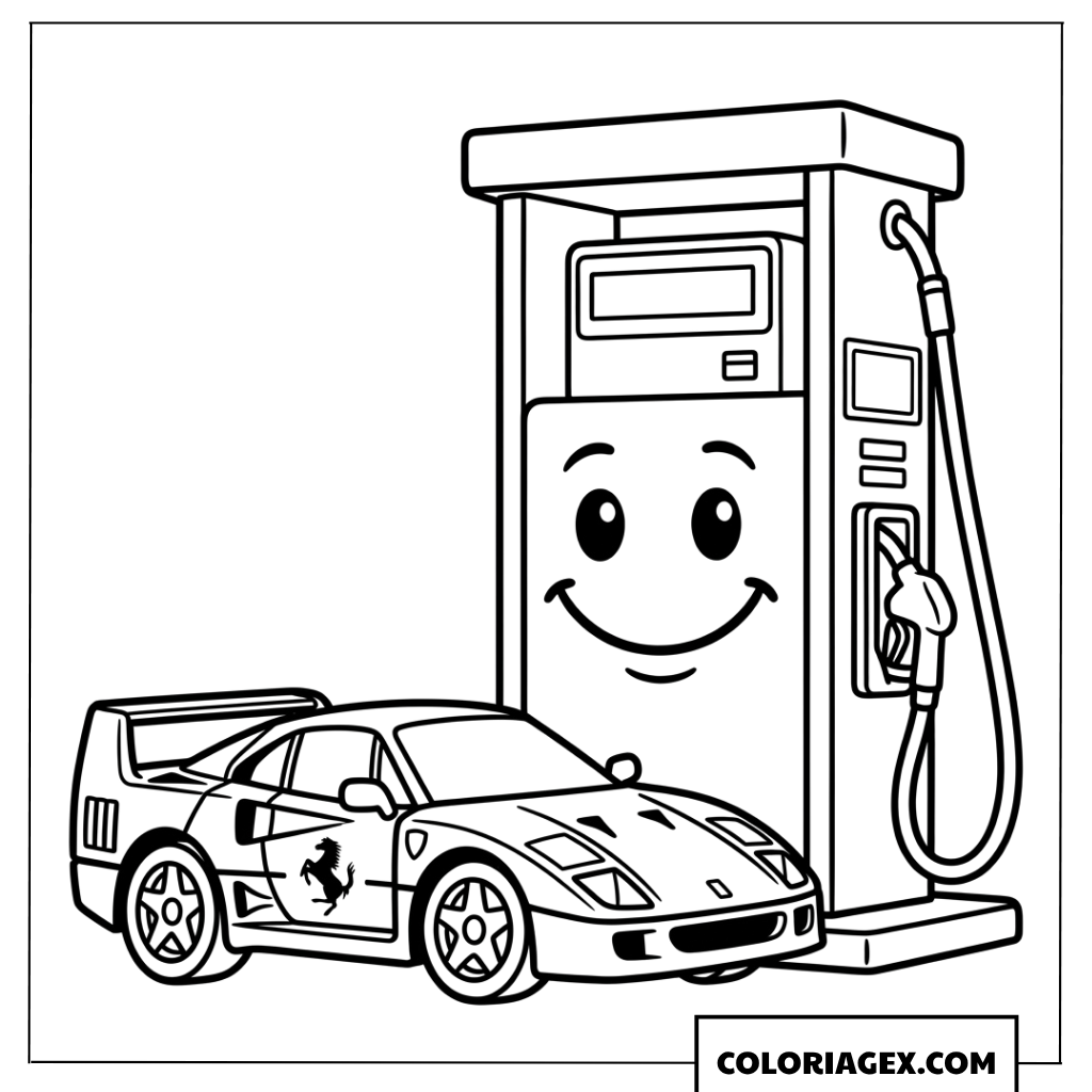 Coloriage dune voiture Ferrari et une pompe a essence