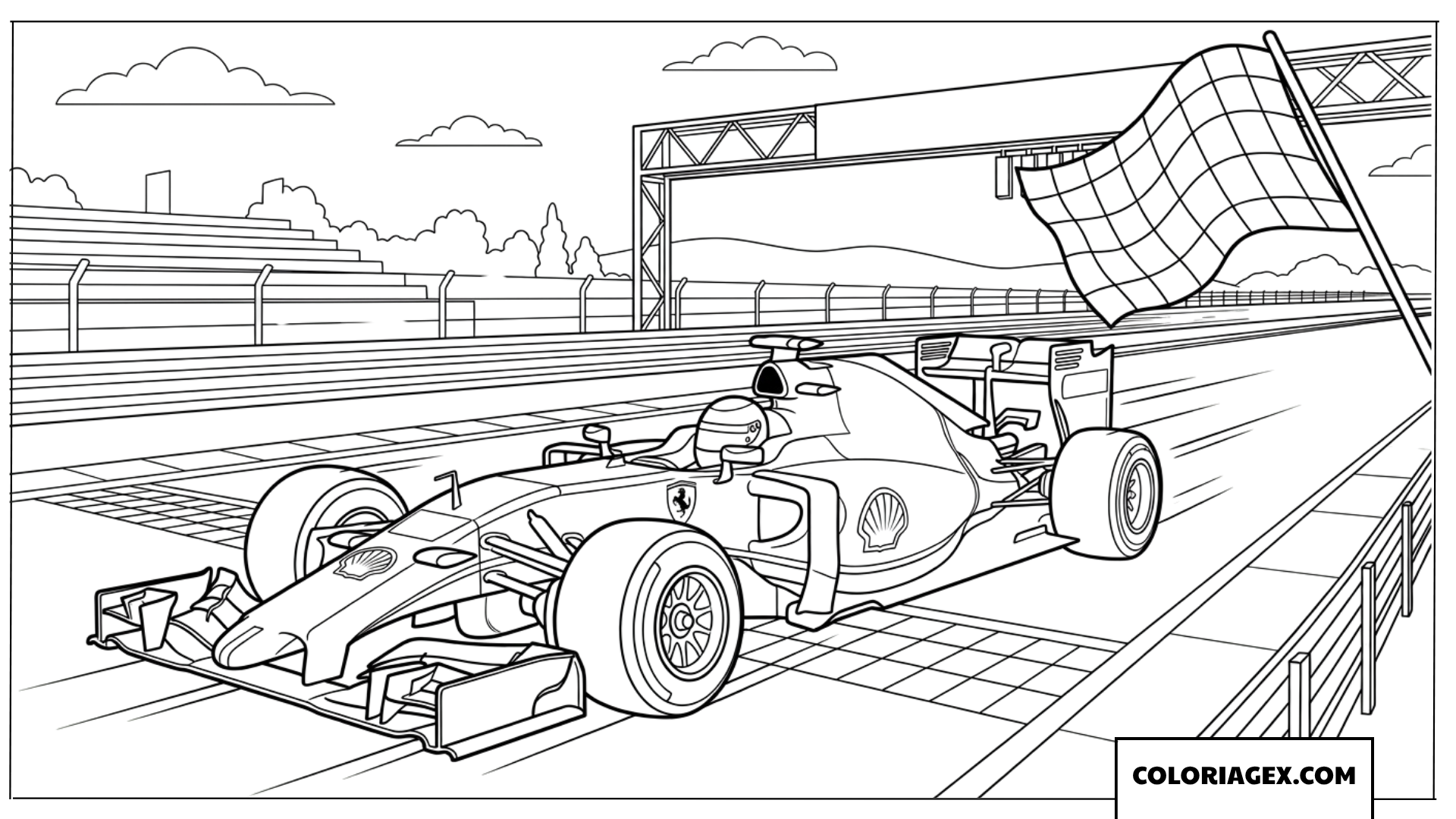 Coloriage dune voiture Ferrari franchissant la ligne darrivee