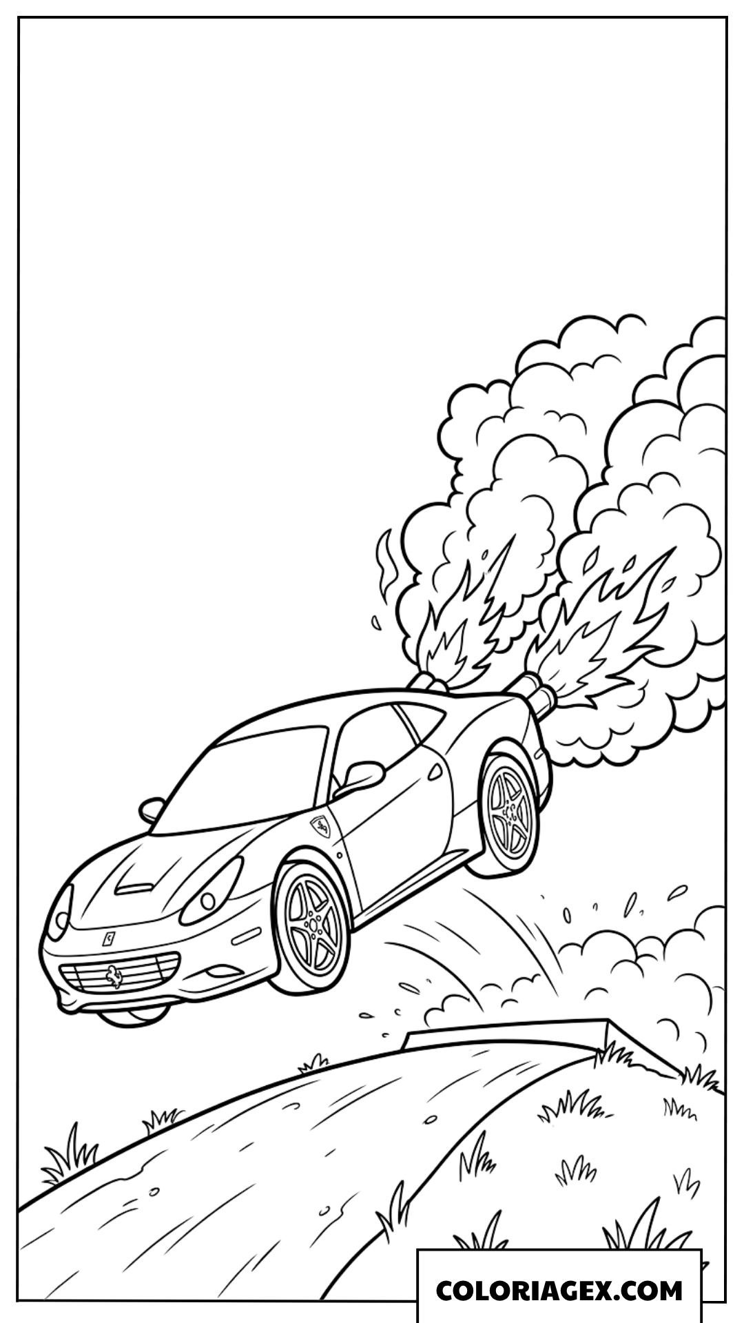 Coloriage d'une voiture Ferrari sautant par-dessus une colline