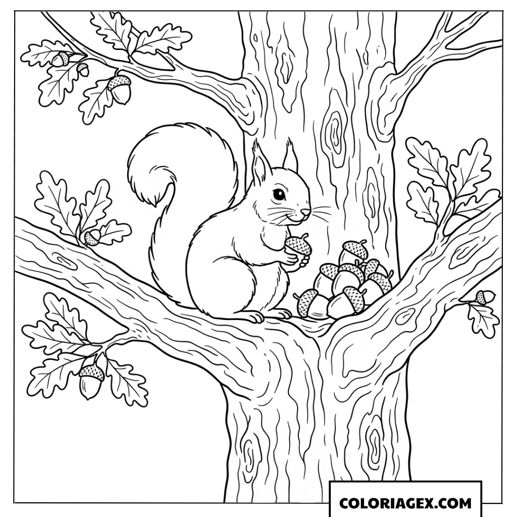 Coloriage ecureuil assis sur une branche avec ses glands