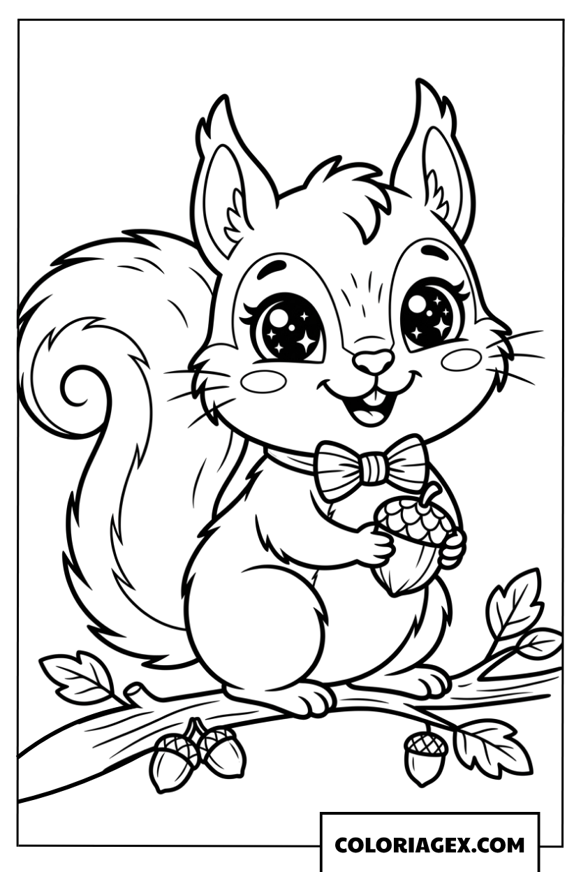 Coloriage ecureuil avec nœud papillon tenant un gland