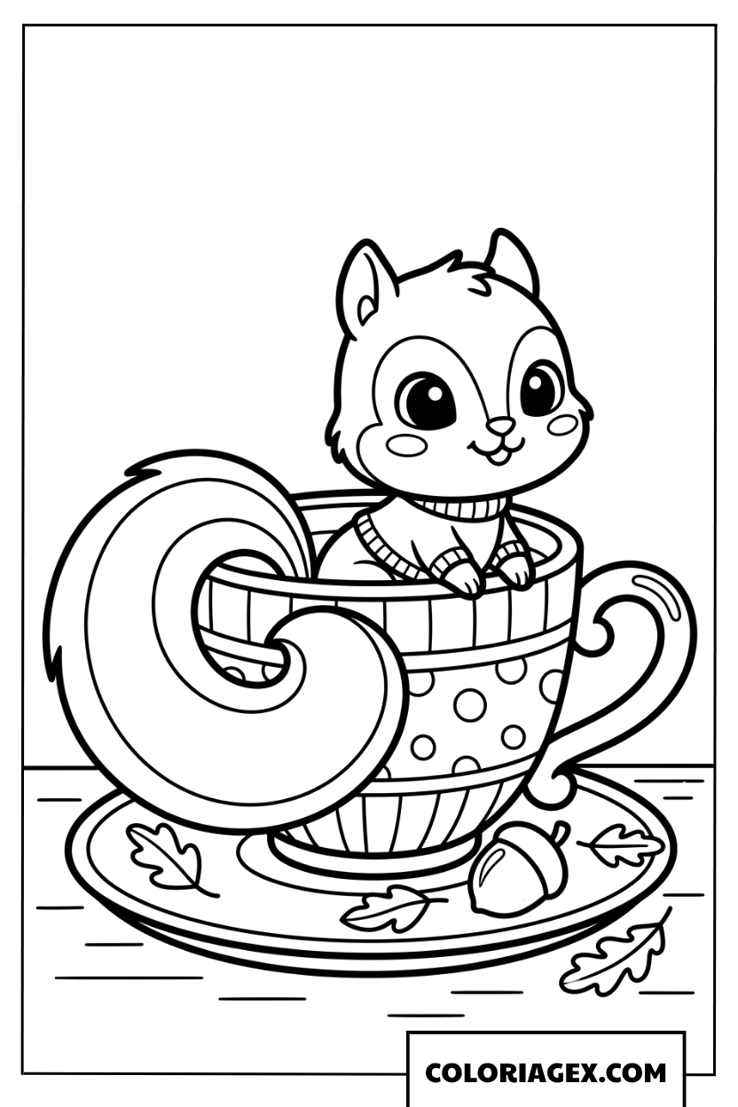 Coloriage ecureuil chibi adorable dans une tasse de the