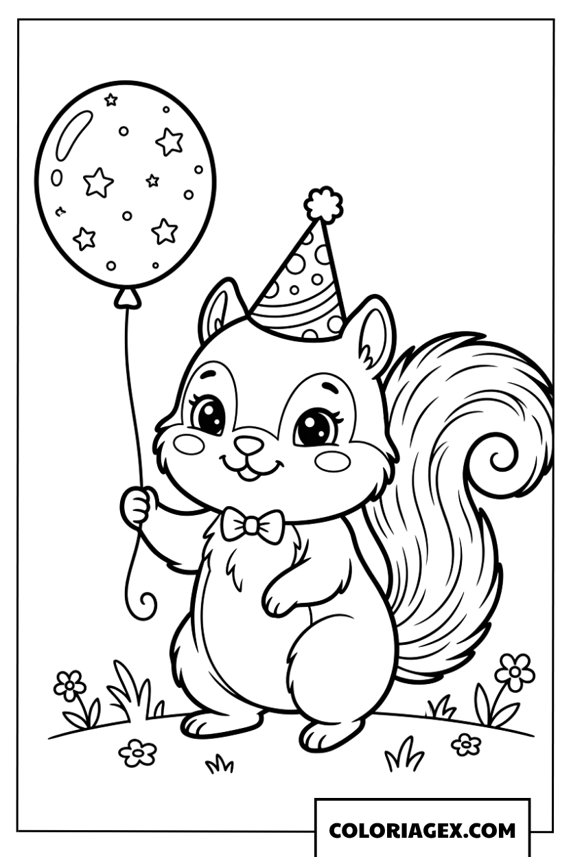 Coloriage ecureuil portant un chapeau de fete