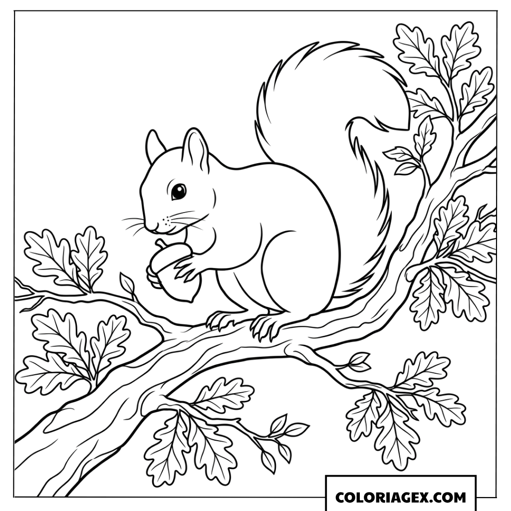 Coloriage ecureuil savourant un gland sur une branche