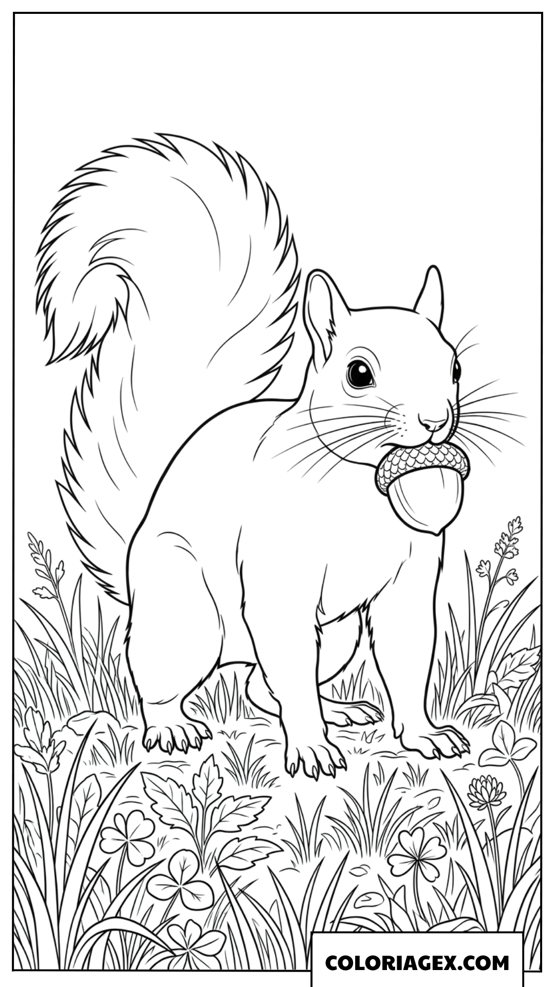 Coloriage ecureuil tenant un gland dans l herbe