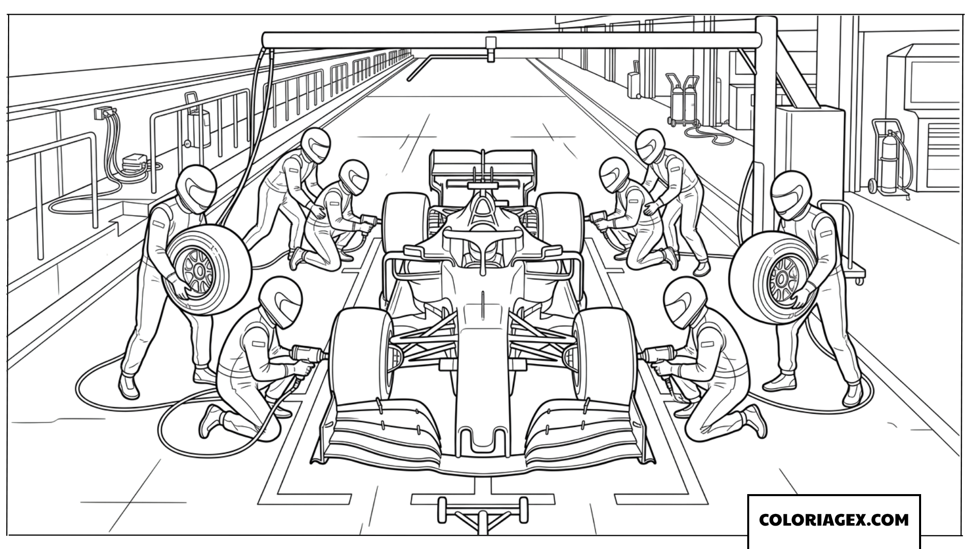 Coloriage equipe de stand Ferrari F1 en action