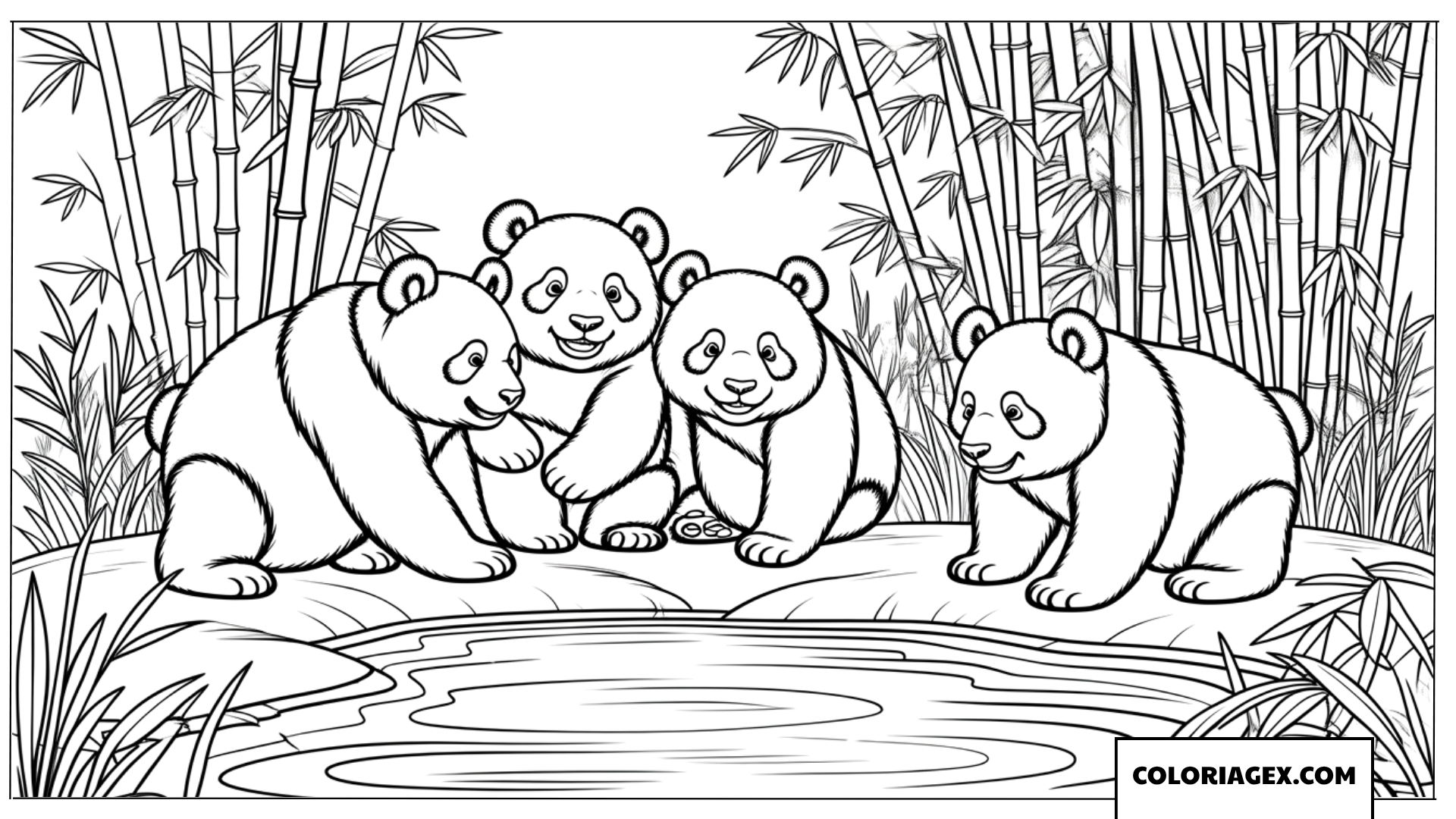 Coloriage groupe de pandas joueurs pres de un etang et des bambous